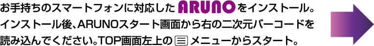 お手持ちのスマートフォンに対応したARUNOをインストール。インストール後、ARUNOスタート画面から右の二次元バーコードを読み込んでください。TOP画面左上のメニューからスタート。