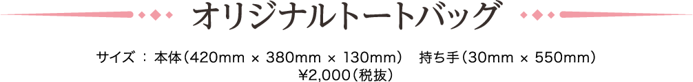 オリジナルトートバッグサイズ ： 本体（420mm × 380mm × 130mm）　持ち手（30mm × 550mm）¥2,000（税抜）
